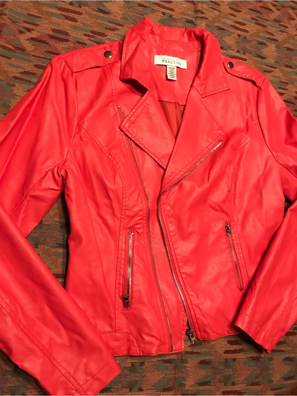 Kenneth Cole Bright Red Faux Leather Moto Jacket
